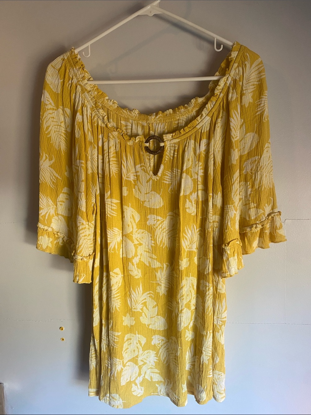 Yellow Floral Off-Shoulder Tunic with Ring Detail